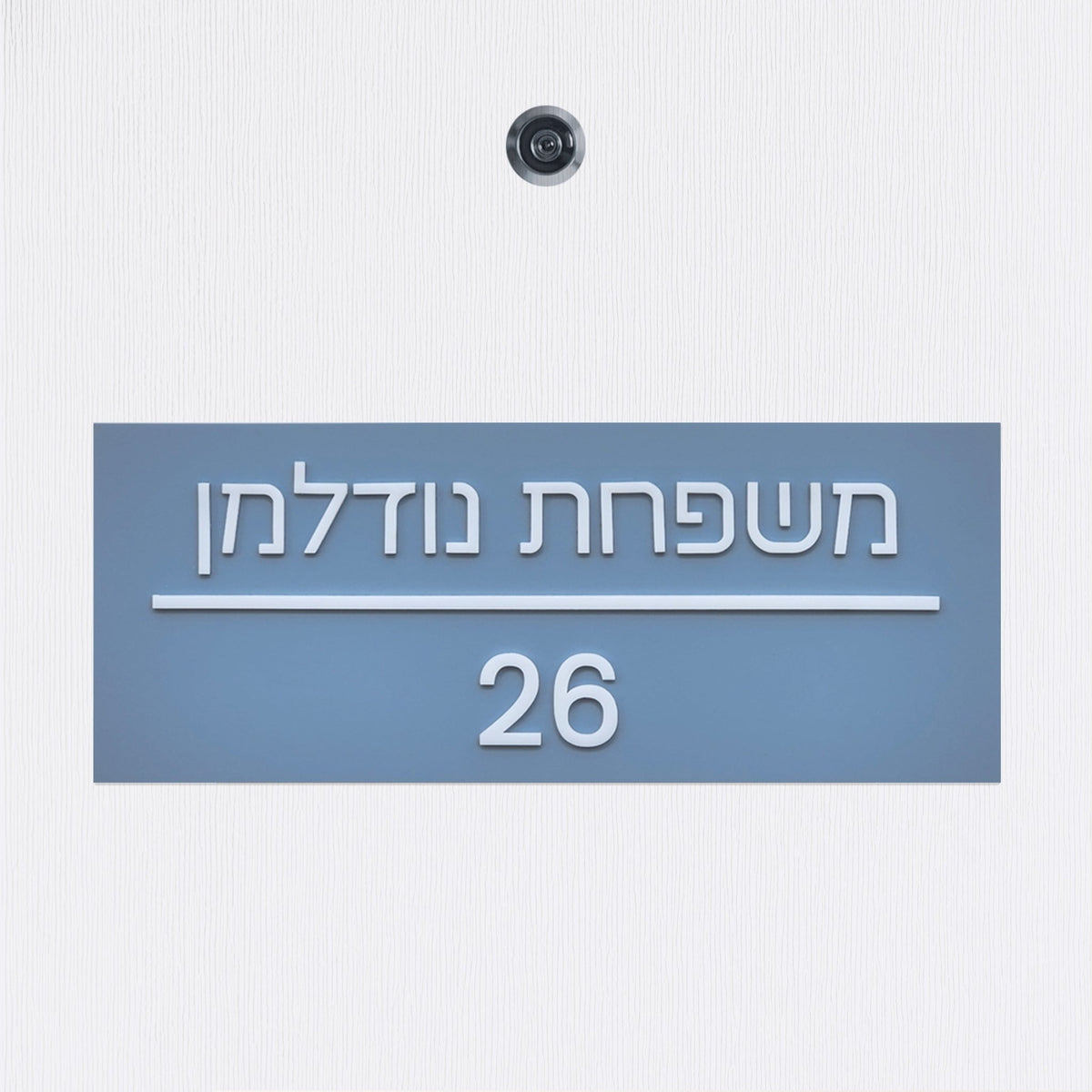 שלט כניסה לדלת בית בצבע תכלת אפור מט עם אותיות בולטות בלבן קו רוחבי - מספר דירה ושם משפחה - ShapeMixer